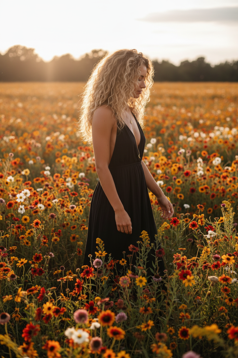 Modelo boho en campo de flores